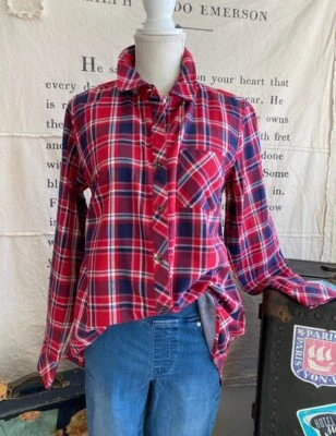 Isaac Mizrahi TRUE DENIM Camisa a Cuadros Roja Azul Marino Puños Cambray 6 Nueva Foto 1 de 4