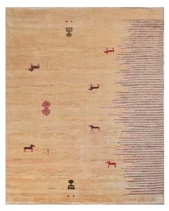 Solid & Striped Hand Knotted Beige Area Rug 5 x 6 Ft SR 71485 - Picture 1 of 7