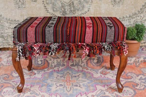 Vintage Oriental Kilim Pouf – Handmade Ottoman Footstool Boho Home Decor - Picture 1 of 9