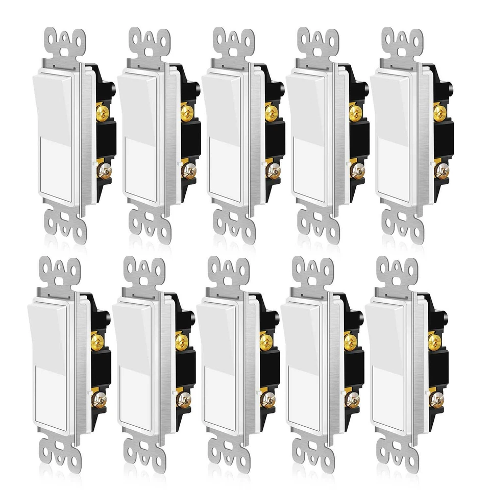 Pacote com 10 Interruptores de Luz Decora Rocker Single-Pole Parede 15Amp Auto-Aterramento UL Branco - Imagem 1 de 4