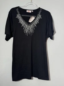 Quacker Factory 1X Túnica Negra Top Estrás Manga Corta Cuello en V Camisa NUEVA - Imagen 1 de 9