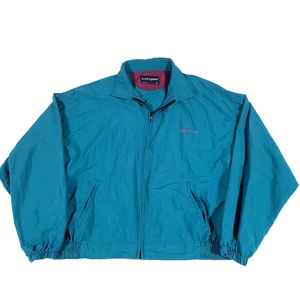 Vtg Saturn Windbreaker 80s Jacket swingster L Teal nylon Embroidered 90s - Picture 1 of 17