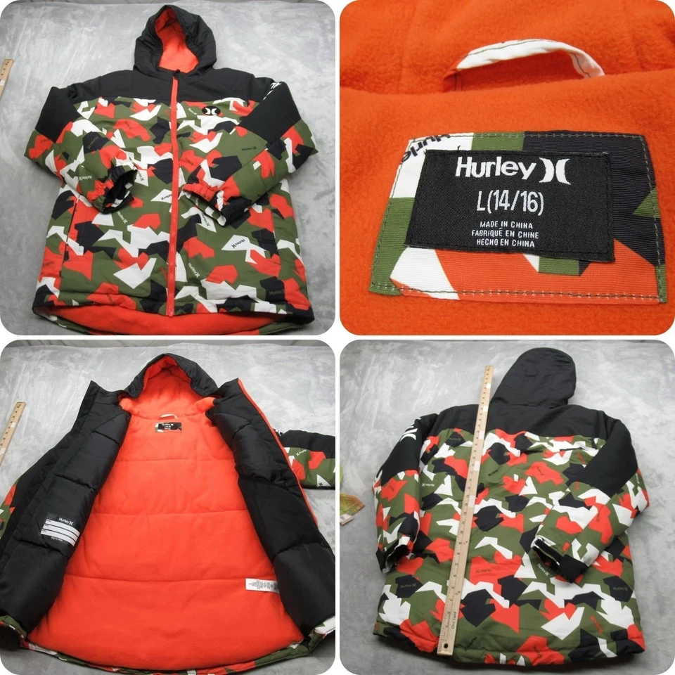 Chaqueta Hurley Juvenil Grande Verde Camuflada Con Capucha Resistente al Agua Aislante Puffer Foto 1 de 4