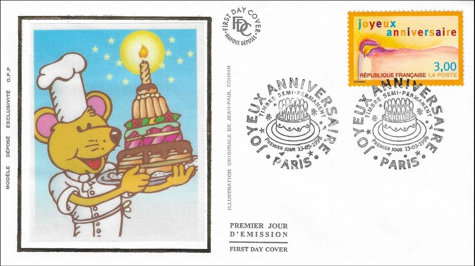 Happy Birthday Best Wishes With a Big Cake France Silk FDC Cover 1998 - Image 1 of 1