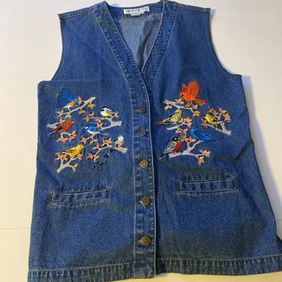 Chaleco Vaquero Casey Coleman Vintage Bordado Pájaros en Ramas Medio Largo Alto Foto 1 de 4