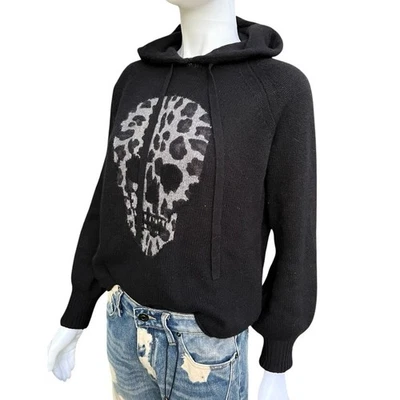 Skull Cashmere Women Black Hoodie XS Leopard Skull Print 100% Cashmere Holloween - Image 1 of 4