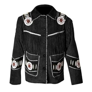 Women American Native Western Cowboy Suede Leather Jacket Fringe & Beads - Black - Picture 1 of 4