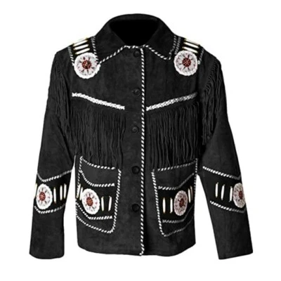 Women American Native Western Cowboy Suede Leather Jacket Fringe & Beads - Black - Image 1 of 4