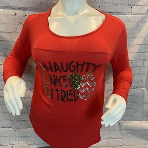 Womens Naughty Nice I Tried  Sequined Christmas Party Long Sleeve T-shirt L NWT - Picture 1 of 5
