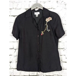 VINTAGE Floral Embroidered Linen-Blend Shirt Black Cottage Boho Coastal Small  - Picture 1 of 5