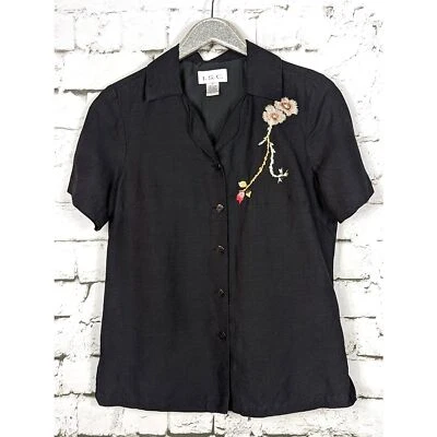 VINTAGE Floral Embroidered Linen-Blend Shirt Black Cottage Boho Coastal Small  - Image 1 of 4