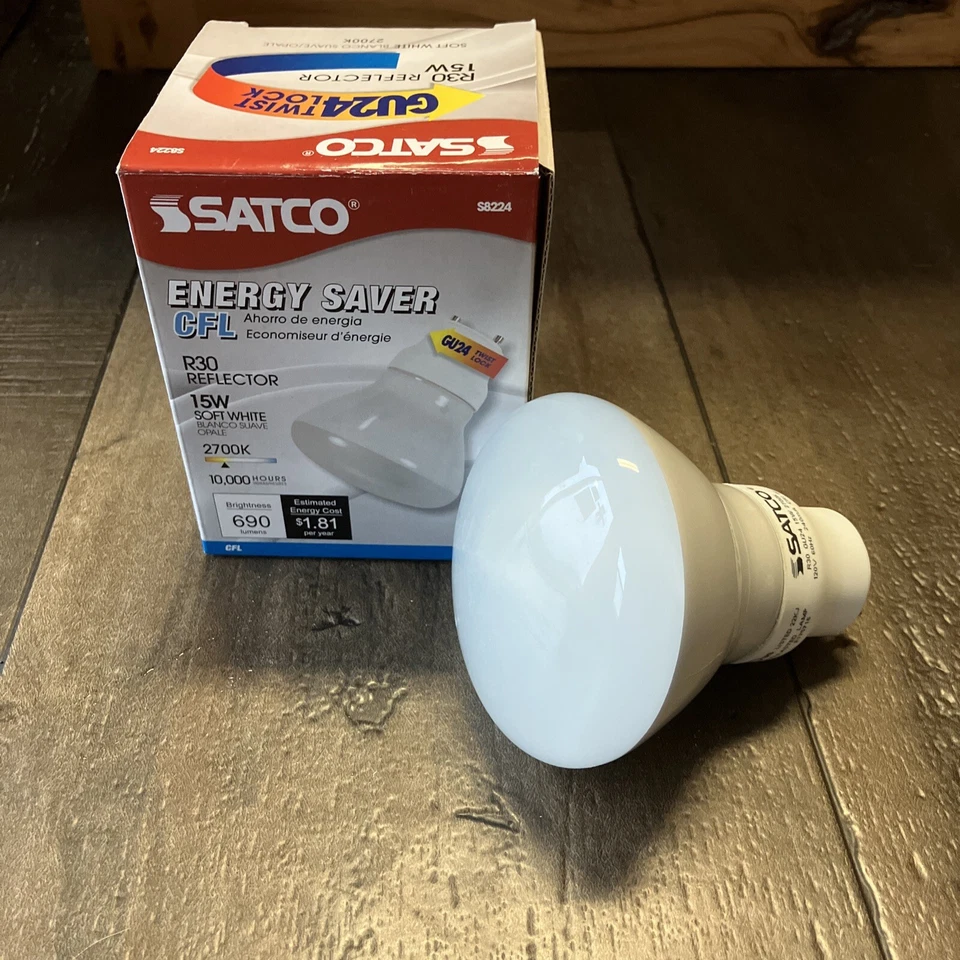 Satco S8224 15 Watt (65 Watt) 690 Lumens R30 Reflector CFL Soft White 2700K GU24 - Image 1 of 4