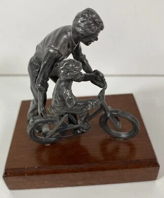 Pewter Sculpture Figurine Father Son Bike Bicycle Lesson Wood Base Mini AVON - Image 1 of 4