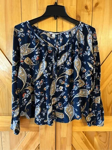 Lucky Brand Long Sleeve Top Size Large Navy Blue Paisley Print Keyhole Neck Tie - Picture 1 of 7