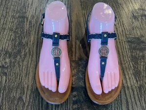 Tommy Hilfiger Black Faux Leather Gold Logo Thong Slingback T-Strap Sandals 7 - Picture 1 of 17