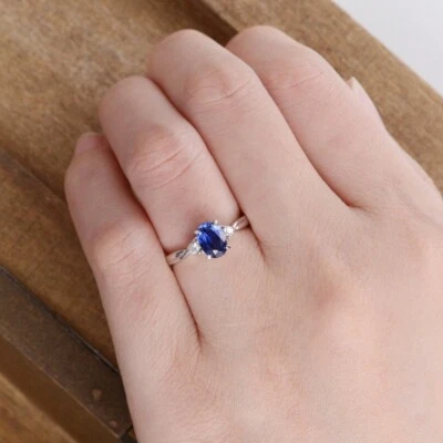 925 Sterling Silver Oval Lab Created Sapphire Three Stone Ring Anniversary Gift - Image 1 of 4
