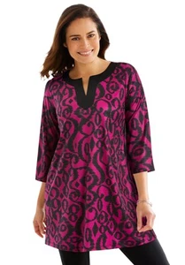 Woman Within Plus Size Contrast Notch-Neck Three-Quarter Sleeve Knit Tunic - Picture 1 of 17