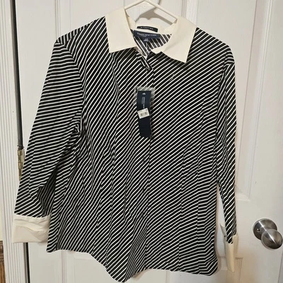 Jones New York Women's Black & White Stripe Long Sleeve Button Down Blouse NWT L - Image 1 of 4