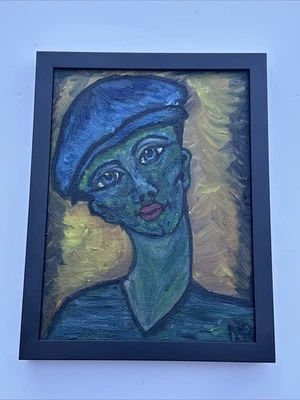 PINTURA DE MEDIADOS DE SIGLO RETRATO FIRMADO ARTISTA MISTERIO NEGRO JOVEN HOMBRE VINTAGE Foto 1 de 4