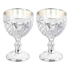 (Silver White)2pcs Vintage Metal Wine Cup Embossed Zinc Alloy Goblet Retro ZC - Picture 1 of 22