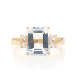 Yellow Gold White Topaz Three-Stone Ring - 10k Emerald Cut 5.18ctw - Picture 1 of 9