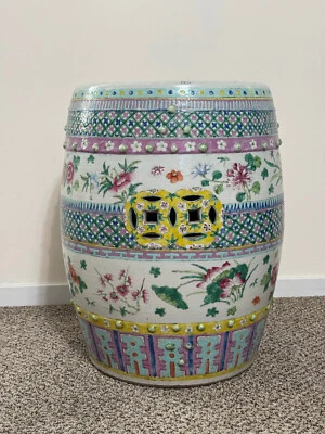 Antiguo taburete de jardín de porcelana rosa familiar chino del siglo XIX asiento 19"" Foto 1 de 4