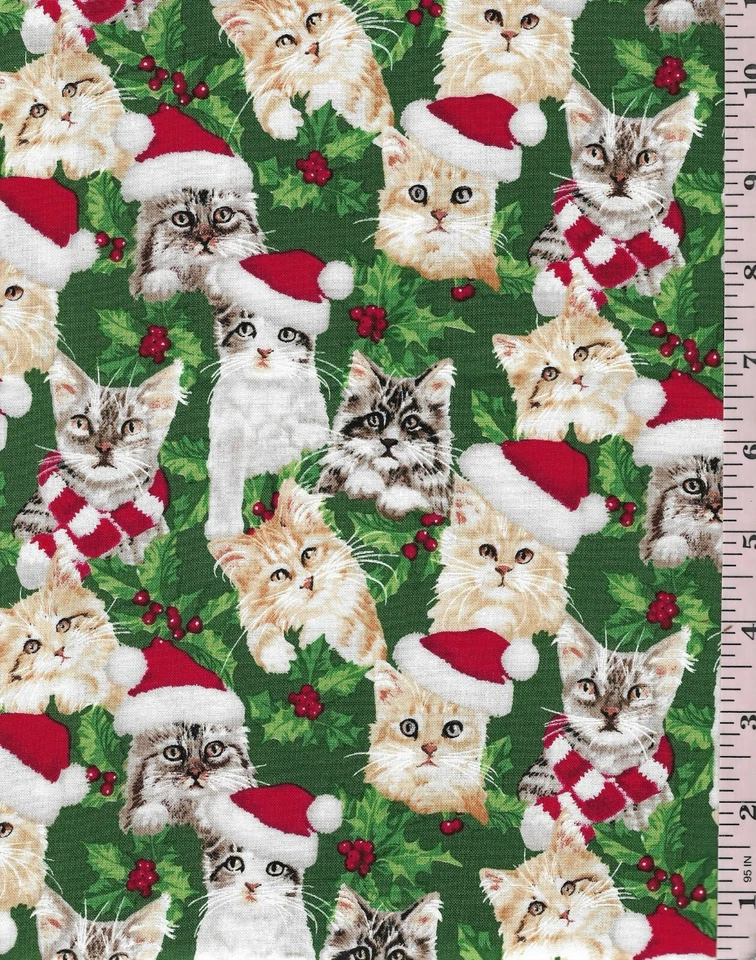 FABRIC~CATS  IN CHRISTMAS HATS & HOLLY~QUILTING FABRIC~1/2 METRE - image 1 of 1