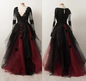 Gothic Wedding Dresses Long Sleeves Lace Appliques Black And Red Bridal Gowns - Picture 1 of 10