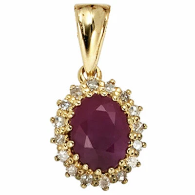 Pendant Ruby Red & 16 Diamonds 585 Yellow Gold Oval Ladies - Image 1 of 4