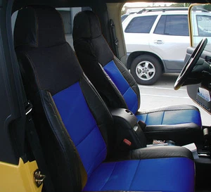 JEEP WRANGLER 03-06 BLACK/BLUE LEATHER-LIKE CUSTOM MADE FRONT & REAR SEAT COVER - Picture 1 of 1