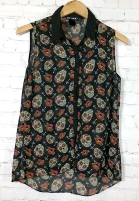 Top Hot Topic para mujer grande negro con cabeza de calavera transparente con botones sin mangas  Foto 1 de 4