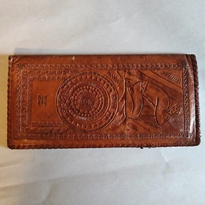 Vintage Handmade Hand Tooled Leather Wallet Brown Bi Fold Checkbook Stitched - Picture 1 of 14