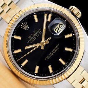 ROLEX MENS DATEJUST BLACK DIAL 14K GOLD STEEL WATCH w/ FOLDED JUBILEE BRACELET - Picture 1 of 8
