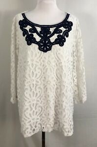 Charter Club Women Top White Navy Blue Lace Embroidery Lined Cotton Nylon 3X