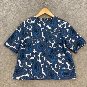 Topshop Shirt Womens 6 Blue paisley Short Sleeve Round Neck Cotton 30504 - Picture 1 of 11