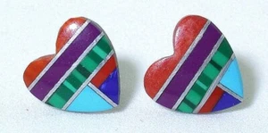 Pendiente Corazón Intarsia Zuni Tipo Lapislázuli Turquesa Coral Sugilite Malaquita PSE58 - Imagen 1 de 2
