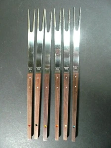 Set vintage di 6 forchette fonduta in acciaio inox e teak 10" Giappone - Foto 1 di 6