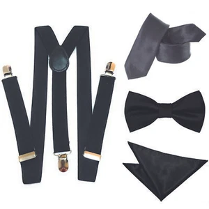 Men’s Tie Braces Bow Tie Pocket Square Set Formal Wedding Suit Accessories Gift - Picture 1 of 30