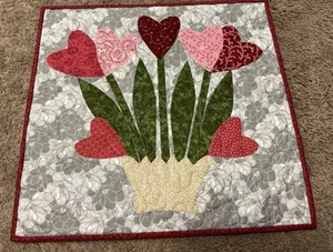 Handmade Art Quilt/Wall Hanging~Heart Flowers in Basket~Applique - Picture 1 of 6