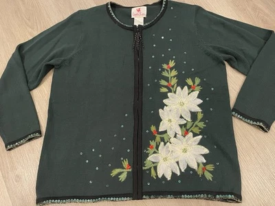 Quacker Factory Christmas Sweater Size XL Poinsettias Sequins Full Zip Green New - Image 1 of 4