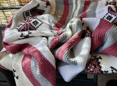 Handmade Crochet Blanket 55x70 Pink Gray White Scandinavian Style Throw  - Image 1 of 4
