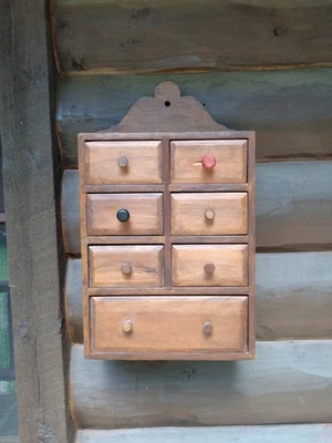 Vintage Primitive Spice Cabinet 7 Drawer Hanging Wall Box Wooden Apothecary - Image 1 of 4