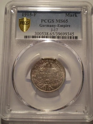 12SAX7 Germany 1915 F silver 1 mark PCGS MS65 - Image 1 of 4