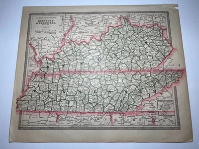 1885 KENTUCKY & TENNESSEE Mapa do Estado Fm Cram's 1885 Peoples Atlas VER DESCRIÇÃO - Imagem 1 de 2