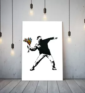 BANKSY FLOWER BOMBER - TELA CON CORNICE PROFONDA STAMPA GRAFFITI ARTE- BIANCO NERO - Foto 1 di 17