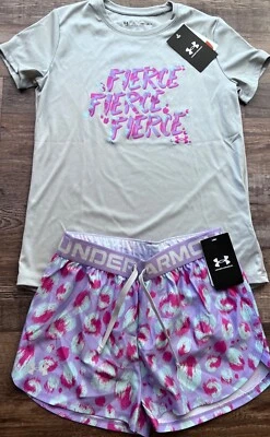 NUEVO CON ETIQUETAS Under Armour YLG Niñas Gris/Lavanda/Magenta/Aqua Conjunto de Pantalones Cortos Estampados FEROCES Foto 1 de 4