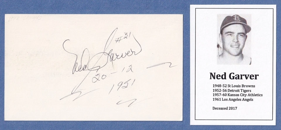 Baseball Player NED GARVER (1948-61, d.2017) Autographed 3X5 Index Card - Image 1 of 1