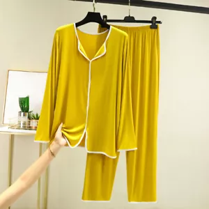 Women Pajama Set Tops Pants Outfit Long Sleeve Side Slit Elastic Waist Nightwear - Picture 1 of 16