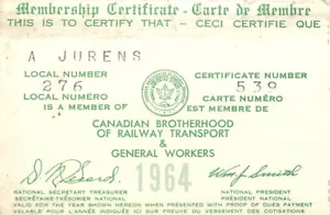 CANADIAN BROTHERHOOD OF RAILWAY EMPLOYEES Membership Card 1964 JURENS UNION - Picture 1 of 2