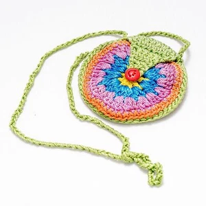 Knit Girls Coin Purse Boho Gypsy Colorful Green Purple Button Strap - Picture 1 of 3